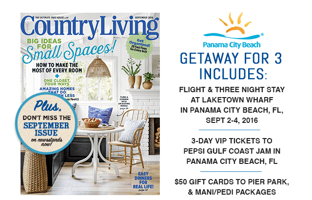 Getaway for 3 
includes:
Flight & Three Night Stay
at Laketown Wharf 
in Panama City Beach, FL, 
Sept 2-4, 2016

3-Day VIP Tickets to 
Pepsi Gulf Coast Jam in 
Panama City Beach, FL

$50 gift cards to Pier Park, & mani/pedi packages