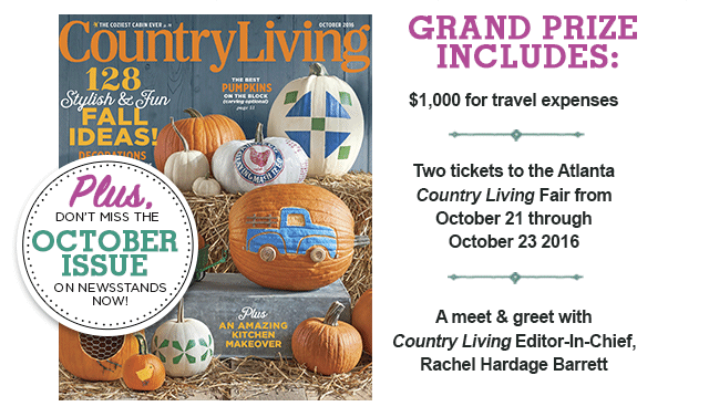 GRAND PRIZE INCLUDES: $1,000 for travel expenses, Two tickets to the Atlanta, Country Living Fair from October 21 through October 23 2016, A meet & greet with Country Living Editor-In-Chief, Rachel Hardage Barrett
