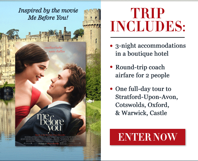 Click here to enter. Trip includes 3 night accomodations in a boutique hotel, roundrip coach airfare for two people, one full-day tour to Straton-Upon-Avon, Cotswolds, Oxford and Warwick, Castle