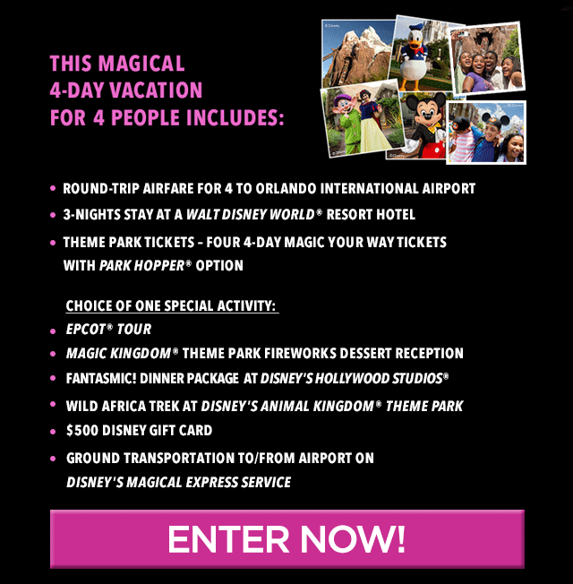This magical 4-day vacation for 4 people includes: Round-trip airfare for 4 to Orlando, 3-nights stay at a Walt Disney World® Resort, 