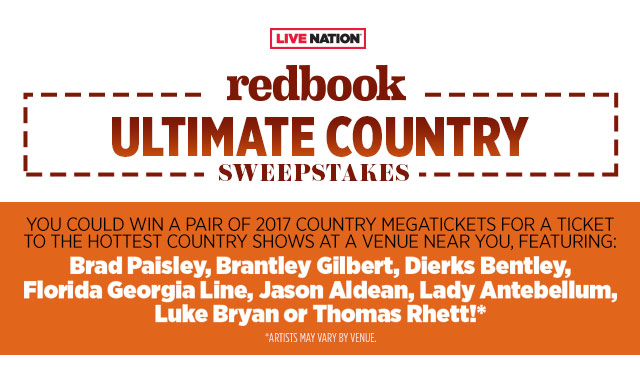 Live Nation Redbook Ultimate Country Sweepstakes. You could win a pair of 2017 Country Megatickets for a ticket to the hottest country shows at a venue near you, featuring: Brad Paisley, Brantley Gilbert, Dierks Bentley, Florida Georgia Line, Jason Aldean, Lady Antebellum, Luke Bryan or Thomas Rhett!* Artists may vary by venue.