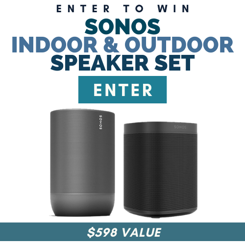 Two winners will each win a pair of Sonos Indoor + Outdoor Sound Speakers. Each includes a Sonos One and a Sonos Move ($598 value).