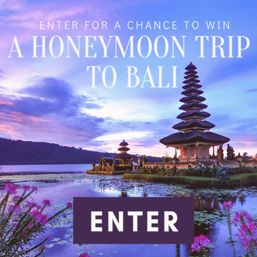 Enter for a chance to win a 8-night escape in the superior room at the Mandira Beach Resort & Spa Bali courtesy of Luxury Escapes, Manly Bands wedding band ($250 value), $250 cash towards flight courtesy of Cheap Flight Alerts, complimentary Makeup Application and Olaplex Blowout (Valued at $200 courtesy of Glam&Go), (2) 6 month Nomadik subscriptions ($150 each), and $150 towards airfare courtesy of Elite Daily.