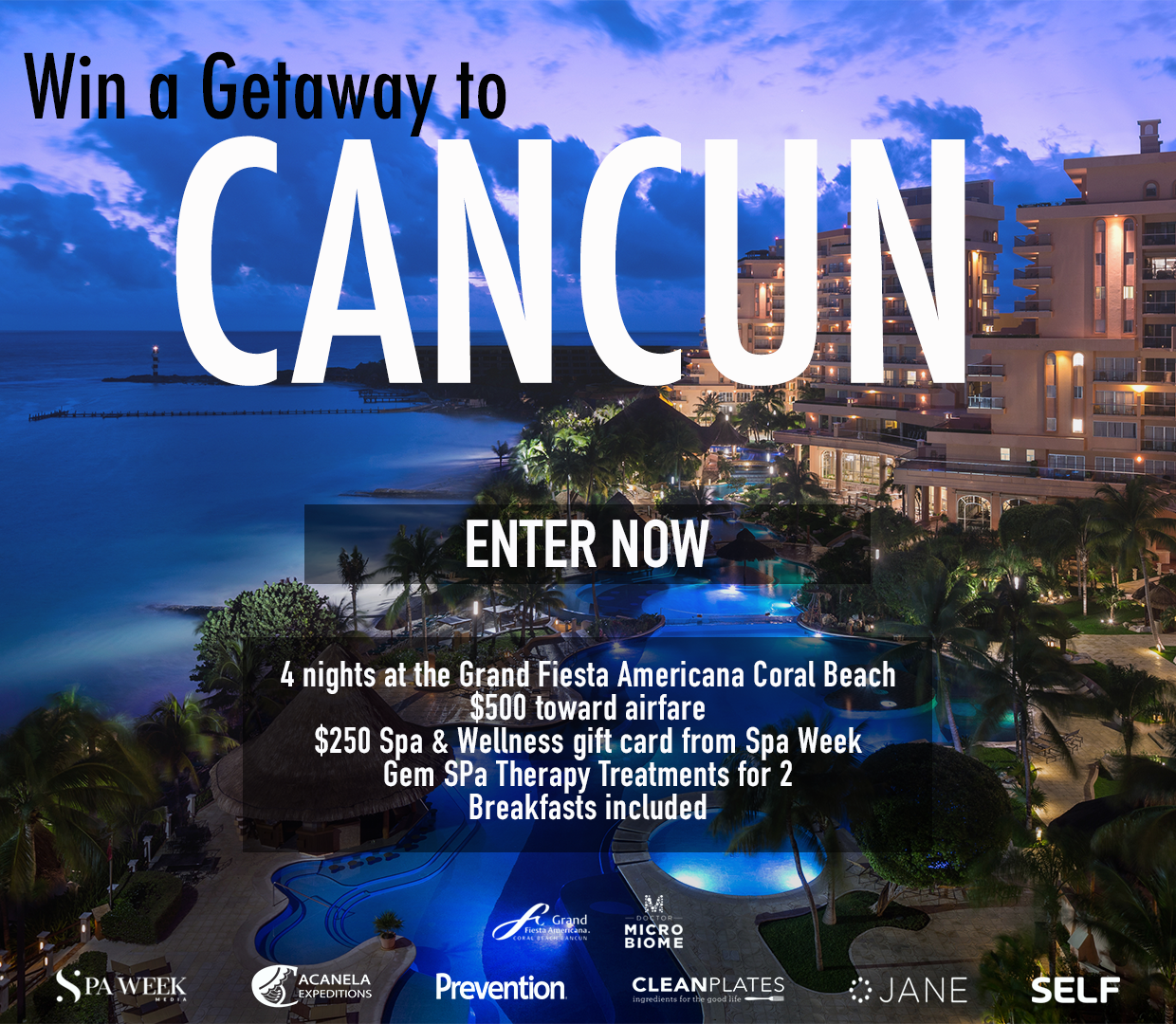 Enter for a chance to win a luxurious wellness getaway in Mexico! Your package includes: four days/three nights for two in an Oceanfront Suite at the 5-star Grand Fiesta Americana Coral Beach Cancun Resort, $500 toward airfare, daily breakfast included, a $300 Spa & Wellness Gift Card from SpaWeek and two Gem Spa Therapy treatments.