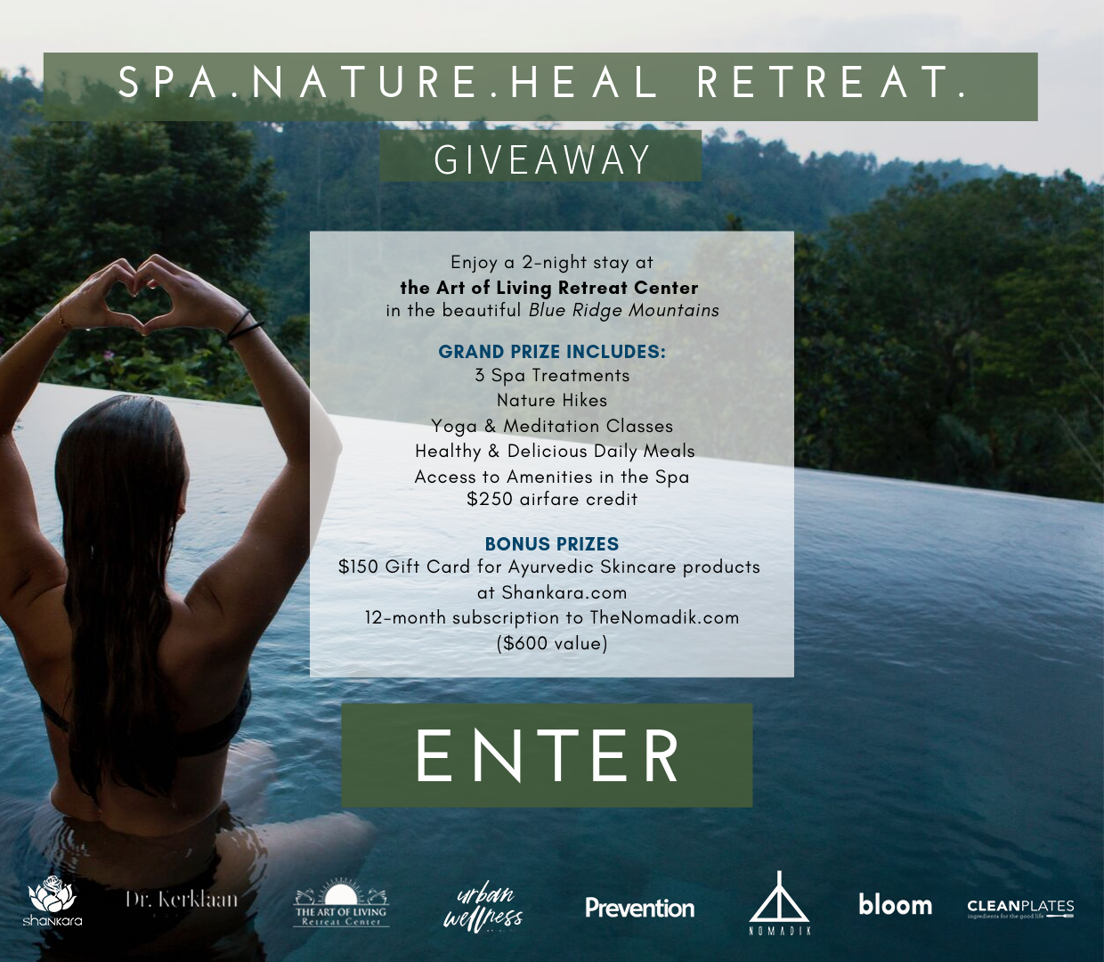 Enter for a chance to win a trip to the beautiful Blue Ridge Mountains in Boone, NC at the Art of Living Retreat Center. You will receive 3 Spa treatments, nature hikes, and meditation and yoga classes for two!