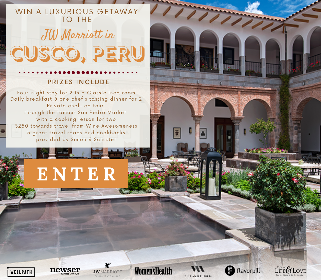 Journey through time at the JW Marriott el Convento Cusco, a historic, 16th century convent restored into a luxury hotel in the heart of colorful Cusco, Peru. Enter for a chance to win: A four-night stay for two in a Classic Inca room, daily breakfast and one chef's tasting dinner for two, a private chef-led tour through the famous San Pedro Market with a cooking lesson for two, $250 toward travel from Wine Awesomeness, and five great travel reads and cookbooks, including Salt, Fat, Acid, Heat; The Joy of Cooking; 7-Day Apple Cider Vinegar Cleanse; Wherever You Go; and The Art of Flaneuring, provided by Simon & Schuster!